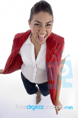 Pretty Girl Posing In Her Red Jacket Stock Photo