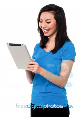 Pretty Girl Using Tablet Pc Device Stock Photo