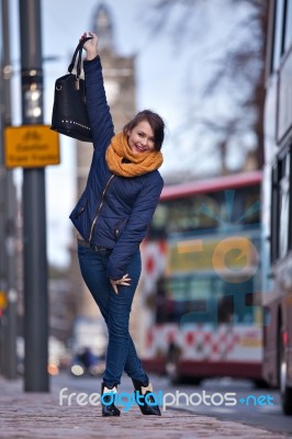 Pretty Girl Walking On The Road Stock Photo