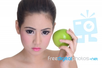 Pretty Girl With Gree Apple Stock Photo