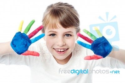 Pretty Girl With Painted Hands Stock Photo