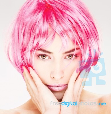 Pretty Pink Hair Woman Stock Photo