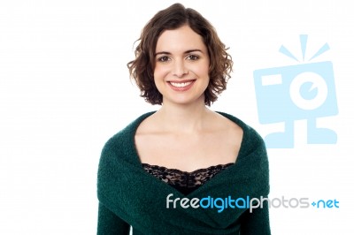 Pretty Smiling Model Wearing Trendy Pullover Stock Photo