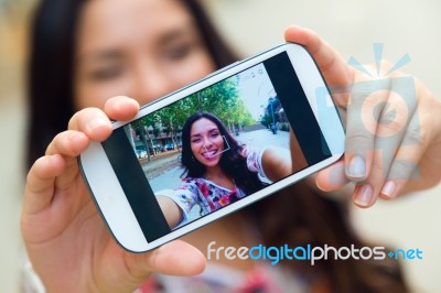 Pretty Student Girl Taking A Selfie Stock Photo