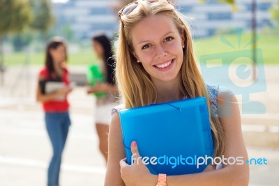 Pretty Student Girl With Some Friends At The Campus Stock Photo