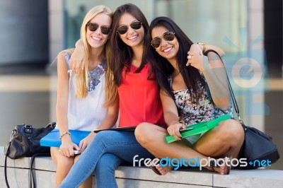 Pretty Student Girls Having Fun At The Campus Stock Photo