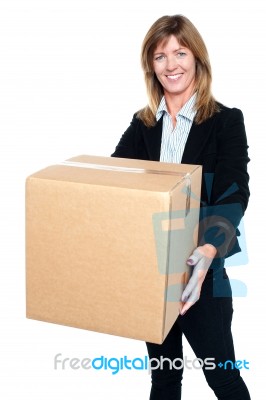 Pretty Woman Carrying A Box Stock Photo