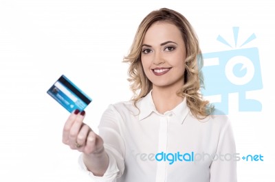 Pretty Woman Holding Her Card Stock Photo