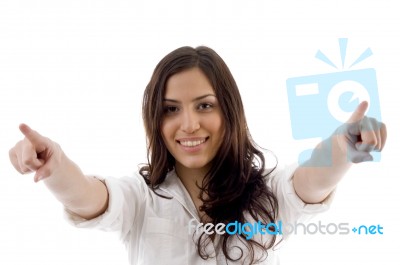 Pretty Woman Pointing Towards Stock Photo