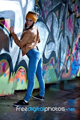 Pretty Young Girl And Graffiti Stock Photo