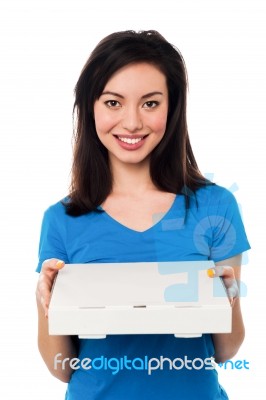 Pretty Young Girl Holding Pizza Box Stock Photo