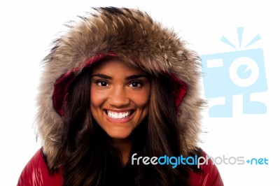 Pretty Young Girl In Fur Hood Stock Photo