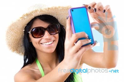 Pretty Young Girl With Green Bikini Taking Selfies With Her Smar… Stock Photo