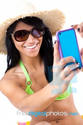 Pretty Young Girl With Green Bikini Taking Selfies With Her Smar… Stock Photo