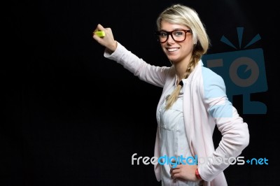 Pretty Young Teacher Woman Writing On The Screen Stock Photo