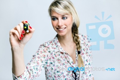 Pretty Young Teacher Woman Writing On The Screen Stock Photo