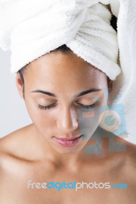 Pretty Young Woman At The Bathroom Stock Photo