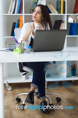 Pretty Young Woman Working With Laptop In Her Office Stock Photo