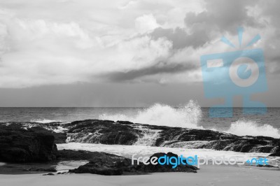 Pristine Beachfront At North Point, Moreton Island. Black And White Stock Photo