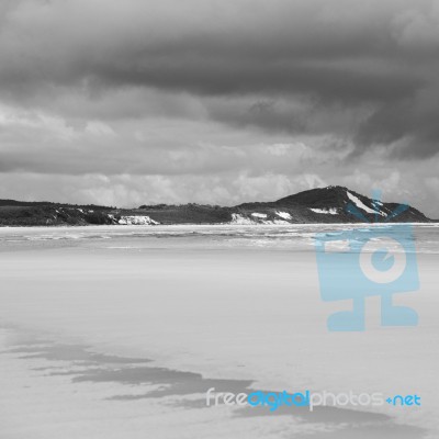 Pristine Beachfront At North Point, Moreton Island. Black And White Stock Photo