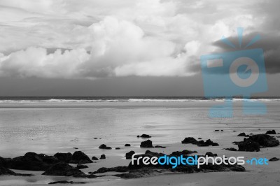 Pristine Beachfront At North Point, Moreton Island. Black And White Stock Photo