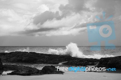 Pristine Beachfront At North Point, Moreton Island. Black And White Stock Photo