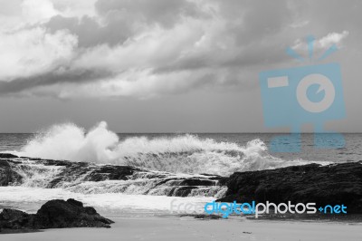 Pristine Beachfront At North Point, Moreton Island. Black And White Stock Photo