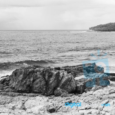 Pristine Beachfront At North Point, Moreton Island. Black And White Stock Photo