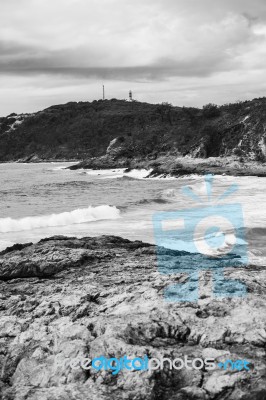 Pristine Beachfront At North Point, Moreton Island. Black And White Stock Photo