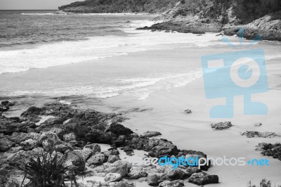 Pristine Beachfront At North Point, Moreton Island. Black And White Stock Photo