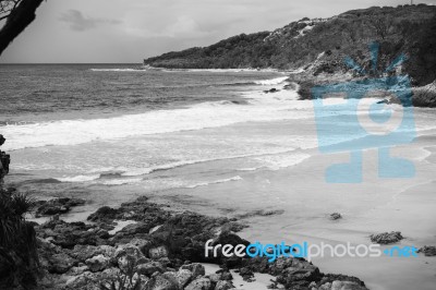 Pristine Beachfront At North Point, Moreton Island. Black And White Stock Photo