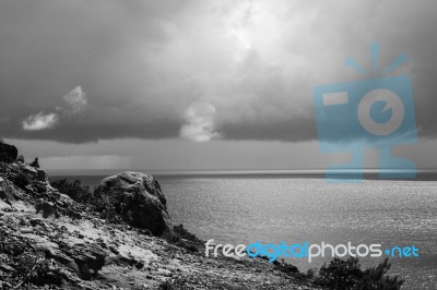 Pristine Beachfront At North Point, Moreton Island. Black And White Stock Photo