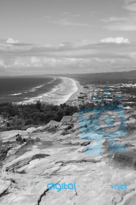 Pristine Beachfront At North Point, Moreton Island. Black And White Stock Photo