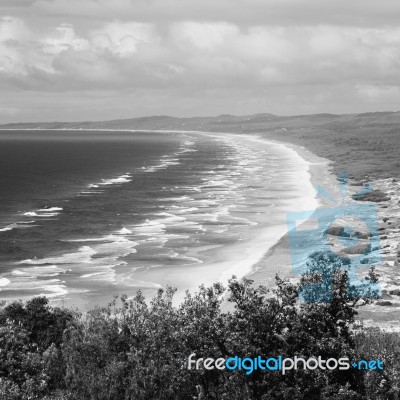 Pristine Beachfront At North Point, Moreton Island. Black And White Stock Photo