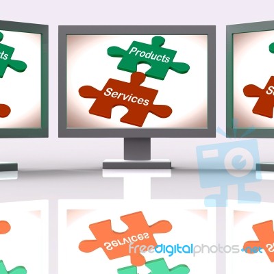 Products Services Puzzle Screen Means Company Goods And Service Stock Image