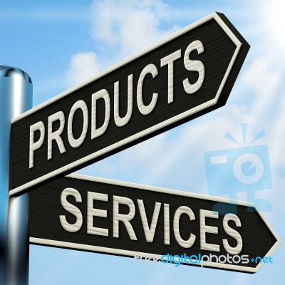 Products Services Signpost Shows Business Merchandise And Servic… Stock Image