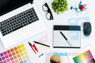 Professional Creative Graphic Designer Desk Stock Photo