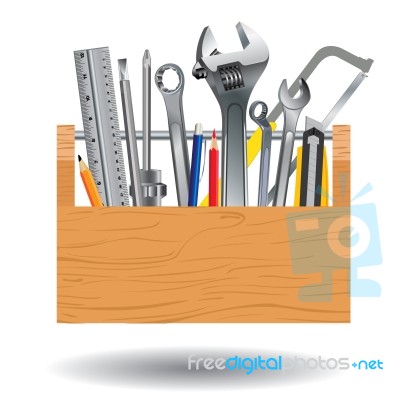 Professional Tool With Wooden Box Isolated On White Background Stock Image