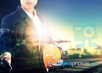 Professional Working Man In Shipping Port And Logistic Transportation Industry Multi Exposure Stock Photo