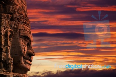 Profile Face Sculpture Of King Jayavarman Vii At The Bayon Templ… Stock Photo