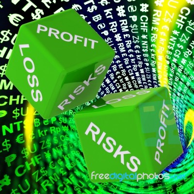 Profit, Loss, Risks Dice Background Shows Risky Investments Stock Image