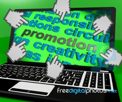 Promotion Laptop Screen Shows Marketing Campaign Or Promo Stock Image