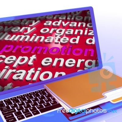 Promotion Word Cloud  Laptop Shows Discount Bargain Or Mark Down… Stock Image