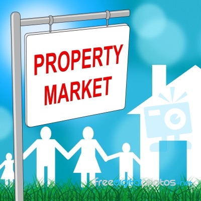 Property Market Sign Indicates For Sale And Apartment Stock Image