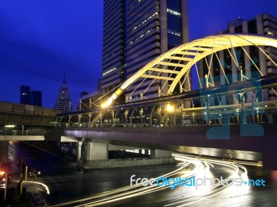 Pubic Skywalk Of Bangkok Downtown Square In Business Zone Stock Photo