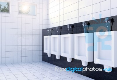 Public Men's Toilet Room Interior With White Urinals Row On White Tiles Wall And Floor, 3d Rendering Stock Image