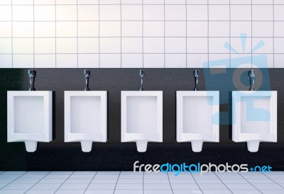 Public Men's Toilet Room Interior With White Urinals Row On White Tiles Wall And Floor, 3d Rendering Stock Image