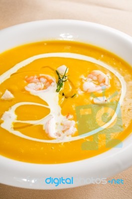 Pumpkin And Shrimps Cream Soup Stock Photo