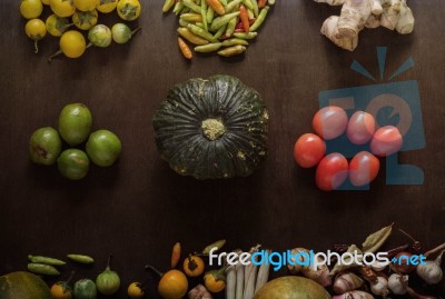 Pumpkins And Spices On Wooden Stock Photo