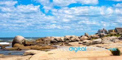 Punta Del Diablo Beach, Popular Tourist Place In Uruguay Stock Photo